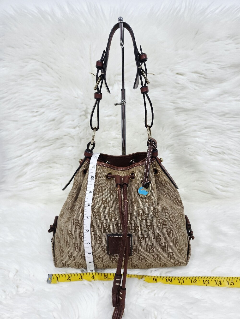 Dooney & Bourke DB Monogram Drawstring Bucket Bag Tan Brown Leather - Picture 5 of 17